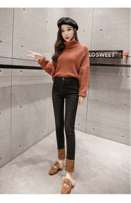 

2018 flannelette Korean version slim stitching lamb hair pants leg hem loose high-waisted denim trousers