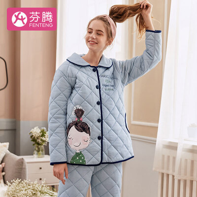 

Fenteng retro plaid warm long-sleeved 2018 autumn&winter new lapels simple thickening plus velvet quilted long-sleeved pajamas ladies home service ladies pajamas J98950139 Lange L