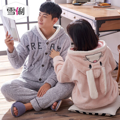 

Snow fall autumn&winter flannel lovers pajamas ladies cute hooded thick coral fleece male long sleeve cartoon suit gray XXL