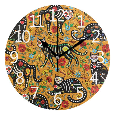 

Wall Clock Arabic Numerals Design Calavera Cats Round