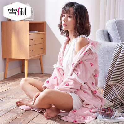 

Snowy autumn&winter coral fleece ladies pajamas Korean version of the long sweet flannel can be worn outside home service robe bathrobe pink