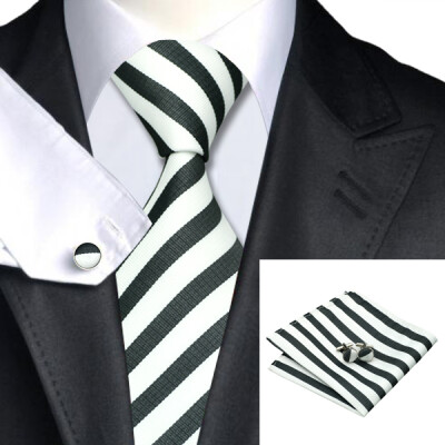 

N-0320 Vogue Men Silk Tie Set White Stripes Necktie Handkerchief Cufflinks Set Ties For Men Formal Wedding Business wholesale