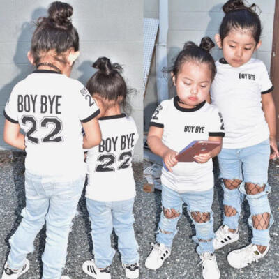 

UK Toddler Kids Baby Girls T-shirt Tops Mesh Hole Denim Pants Jeans Outfits Set
