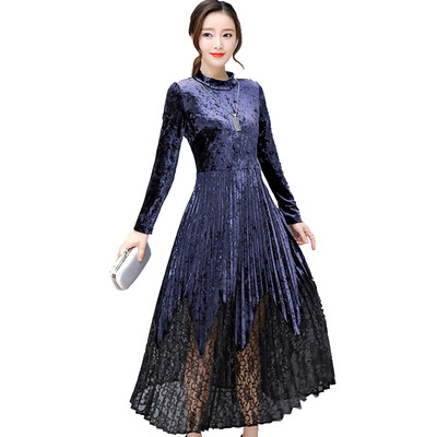 

Autumn&Winter New Self-Cultivation Waist High-Necked Gold Velvet Long-Sleeved Pleated Dress