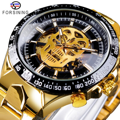 

Forsining Steampunk Series Black Stainless Steel Fashion White Luminous Skull Design Mens Automatic Watches Sport Clock