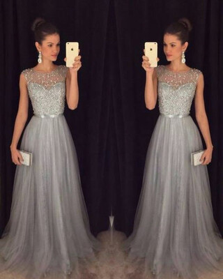 

Beaded Scoop Neck Lace Long Evening Dress