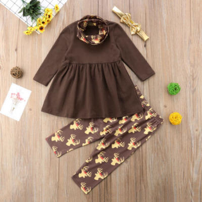 

4PCS Kids Baby Girls Animal Deer Clothes Tops SkirtsPants Scarf Headband Set AU