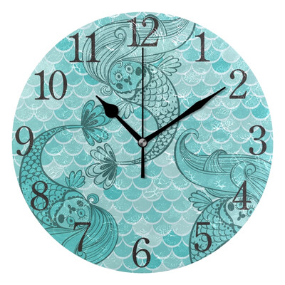 

Wall Clock Arabic Numerals Design Cute Mermaids Round