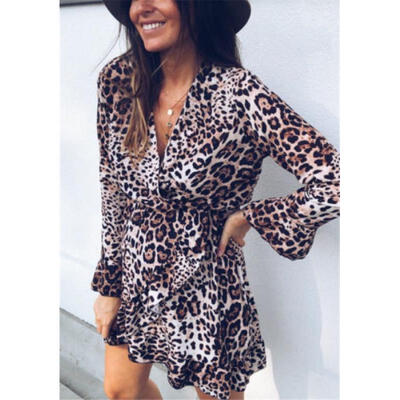 

Women Long Sleeve Leopard Print Mini Dress Autumn Party Club Wear T-Shirt Dress