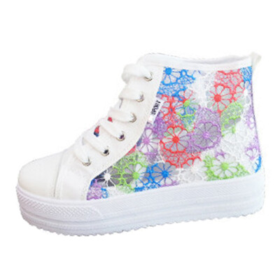 

Girl Lace Round Toe hollow Platform Wedge Shoes High top Casual Sneaker
