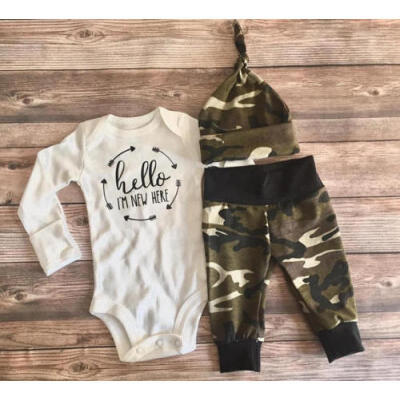 

Newborn Baby Boys Kids Romper TopsLong Pants Hat 3Pcs Camo Outfits Clothes Sets