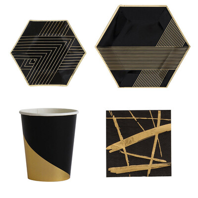

UpperX Black Series Gold Blocking Disposable Tableware Party Paper Plates Napkins Cups Birthday Party Wedding New Year Decor