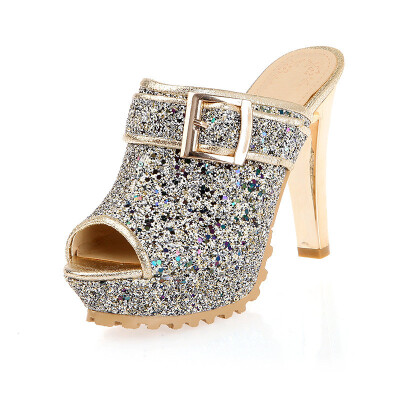 

IDIFU Womens Trendy Peep Toe Sequined Sandals - Glitter Buckled Belt Platform - Slide on Chunky High Heels Clogs Shoes