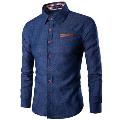 

AOWOFS quality foreign trade mens pockets skinned cotton long-sleeved shirt denim shirt N13