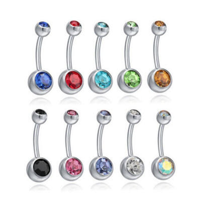 

Surgical Steel Silver Belly Bar Navel Button Ring Double Crystal Body Piercing