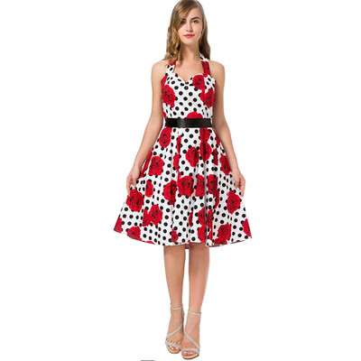 

Sexy Women Dresses Dot Floral Print 50s 60s Floral Halter Strapless Retro Vintage Summer Dress Backless Skater Party Dress