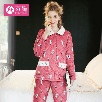 

Fen Teng 2018 autumn&winter new playful cat cardigan lapel thickening plus velvet quilted long-sleeved pajamas ladies home service ladies quilted pajamas F98950850 water red L