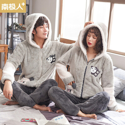 

Antarctic couple pajamas female winter coral fleece long sleeve thick flannel cartoon home service 00-0251A female models gray 1851  code