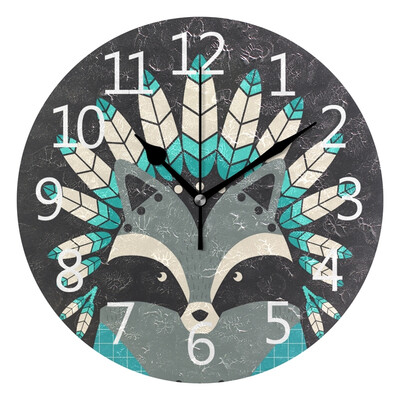 

Wall Clock Arabic Numerals Design Indian Raccoon With Feathers Round