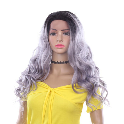 

YYONG T1BGrey Women 18 Inch Halloween Synthetic Hair Long Wavy Cosplay Wigs Lace Front Wig Natural Weave Black Wigs