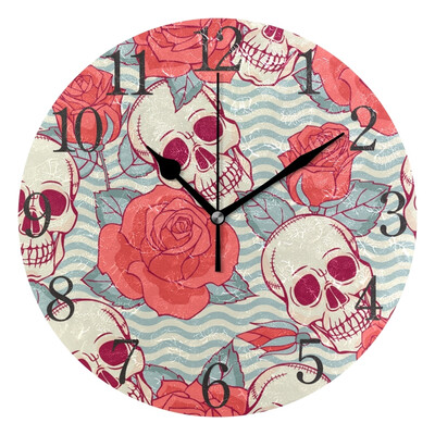 

Wall Clock Arabic Numerals Design Skulls And Roses Round