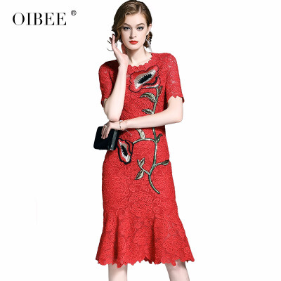 

OIBEE2018 autumn womens new fashion retro embroidered cheongsam lace long short-sleeved dress