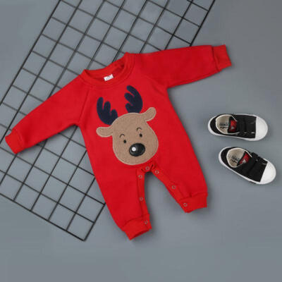 

US Christmas Lovely Newborn Baby Boy Girl Elk Red Romper Bodysuit Clothes Outfit