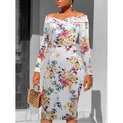 

UK Womens Off Shoulder Floral Sexy Dresses Ladies Party Bodycon Midi Dress 6-18