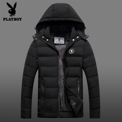 

Playboy cotton coat mens jacket 2018 winter new cotton suit mens slim Korean version of the hooded thickened bread short warm cotton jacket SYZ88760 blue M