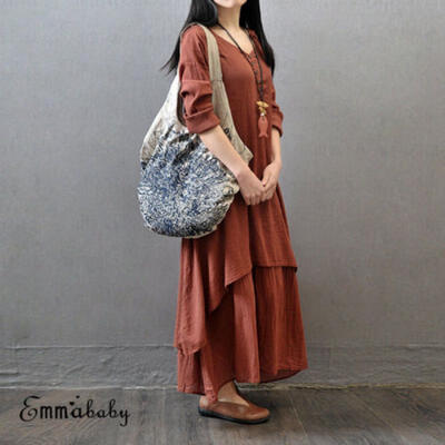 

Plus Size Womens Boho Long Maxi Dress Loose Beach Holiday Casual Summer Linen