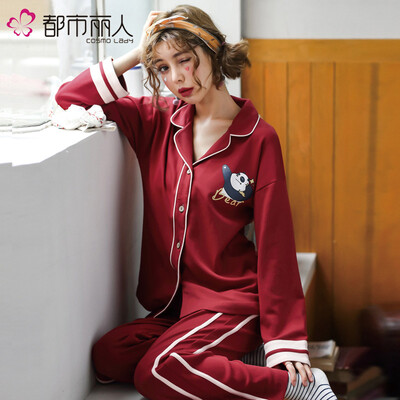 

Urban beauty pajamas women autumn cotton red cartoon pattern long-sleeved cardigan lapel home service suit AM2M106714 red cartoon bear L code