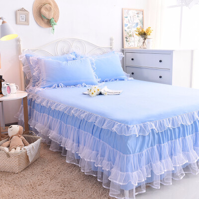 

3Pcs Blue Lace Bed Skirt Elegant PinkPurple Princess Bedspread Bedsheet Pillowcase Cotton Home Decorative KingQueenFull size