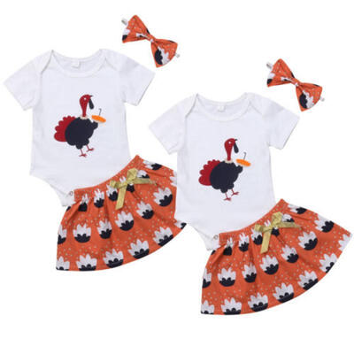 

USA Thanksgiving Day Kid Baby Girl Romper Dress Party Skirt Headband Outfit Set