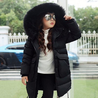 

2018 New Blue Children Winter Jacket Girl Winter Coat Kids Warm Thick Fur Collar Hooded long down Coats For Teenage 6 8 10 12 14