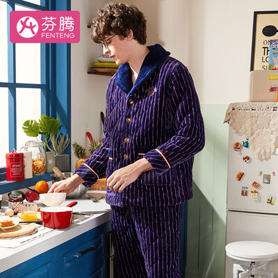 

Fenton thickening plus velvet three-layer quilted mens pajamas 2018 autumn&winter new striped English plush lapel cardigan casual home service M98950970 Baolan XXL