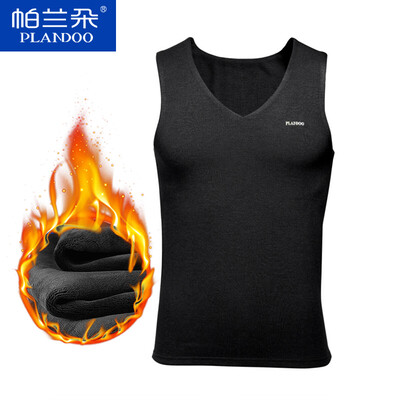 

Palando warm vest men thickening plus velvet warm shirt V-neck wide shoulder cotton winter clothing mens vest black XXL