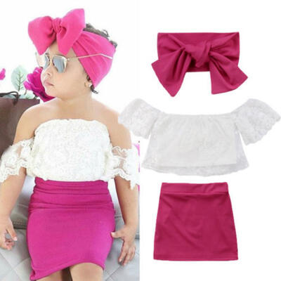 

Kids Baby Girl Off shoulder Lace Floral Tops T shirtSkirts Dress Outfits Set