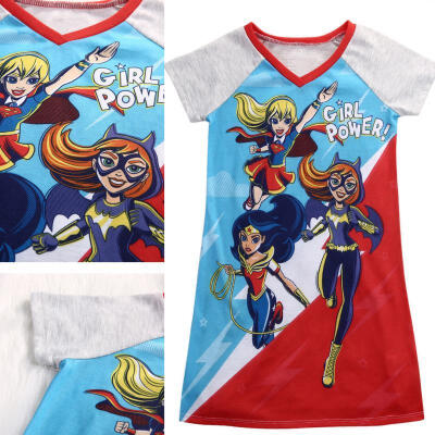 

5-14Y Baby Kids Super Hero Power Girl Dress Short Sleeve Cartoon Dress Clothes