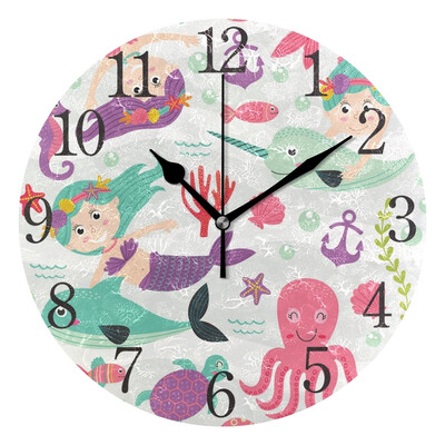 

Wall Clock Arabic Numerals Design Mermaid And Marine Animals Round
