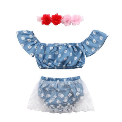 

Baby Girls Outfits Set Off Shoulder Floral Shirt TopsLace Shorts Pants Outfits