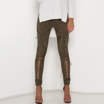 

Punk Women Fashion Suede Lace Up Pants 2018 Criss Cross Bandage Corn Eye Casual Pencil Trousers Pantalon Mujer Streetwear