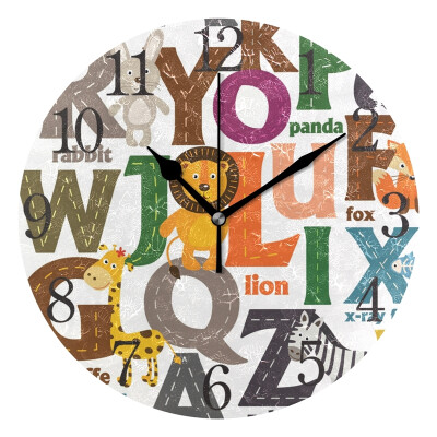 

Wall Clock Arabic Numerals Design Pattern With Letters And Animals Round