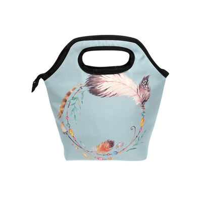 

Lunch Tote Bag Feathe Round Travel Picnic Insulated Lunch Handbags Portable Zipper Lunch Bag Box