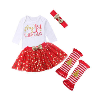 

AU Newborn Baby Girl Xmas Sequins RomperDot DressLeg Warmers 5Pcs Outfits Set