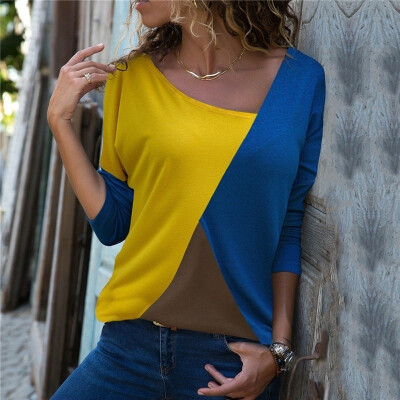 

Women Autumn Casual Round Neck Long Sleeve Blouses Ladies Fashion Loose Sexy T-shirt Splice Contrast Color Tops Cotton Slim F