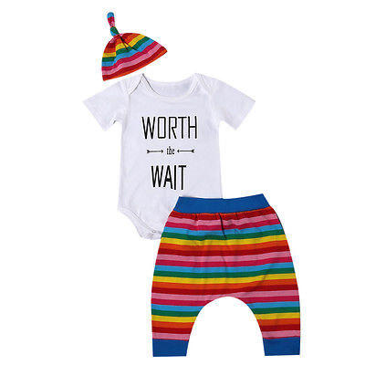 

Cute Newborn Baby Boy Girl Rainbow Striped 3PCS Outfits Toddler Kid Clothes Sets