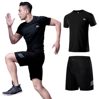 

Puwei special POVIT sports suit mens fitness clothing tight breathable moisture wicking running training gym quick-drying clothes shorts short sleeves all black two-piece M code P-818
