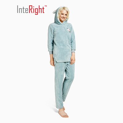 

INTERIGHT parent-child home service Shurou flannel plus velvet thickening hooded cartoon home service suit ladies lake green L