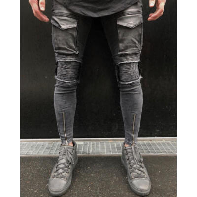 

Mens Stretchy Ripped Skinny Biker Jeans Destroyed Taped Slim Fit Denim Pants