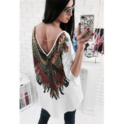 

Fashion Women Ladies Long Sleeve Loose Blouse SEXY Backless Casual Shirt Tops US